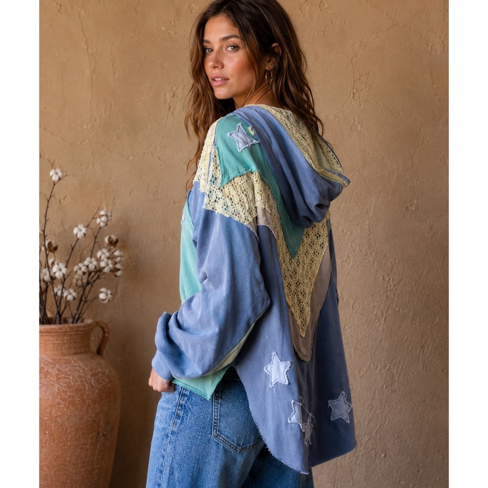 Oli and Hali Washed Star Top / Jacket Hoodie Patchwork NWOT Oversized Boho L